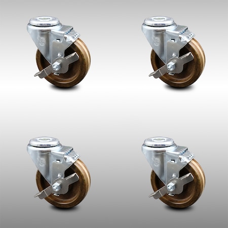 4 Inch SS High Temp Phenolic Wheel Swivel Bolt Hole Caster Set With Brake SCC